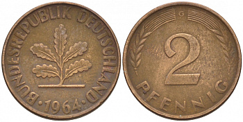 ФРГ 2 ПФЕННИГА 1964 G KM 106, J.381 бронза 4547-1139