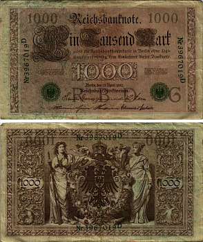 ГЕРМАНИЯ 1000 МАРОК 1910 21 АПРЕЛЯ 1910, ЗЕЛЁНАЯ ПЕЧАТЬ, 7 ЦИФР В НОМЕРЕ Pick 45b бумага 7219-3-2