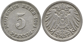ГЕРМАНИЯ 5 ПФЕННИГОВ 1904 А, KM 11, J. 12 медно-никель 4387-749