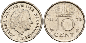 Нидерланды 10 центов 1974 Юлиана (1949-1980) KM 182 никель    4598-319