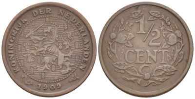 НИДЕРЛАНДЫ 1/2 ЦЕНТА 1909 ВИЛЬГЕЛЬМИНА I (1891-1948) KM 138 бронза 4547-1239
