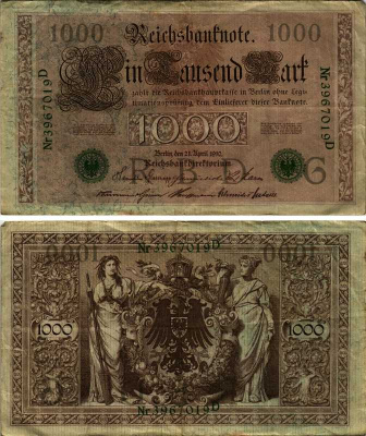 ГЕРМАНИЯ 1000 МАРОК 1910 21 АПРЕЛЯ 1910, ЗЕЛЁНАЯ ПЕЧАТЬ, 7 ЦИФР В НОМЕРЕ Pick 45b бумага 7219-3-2