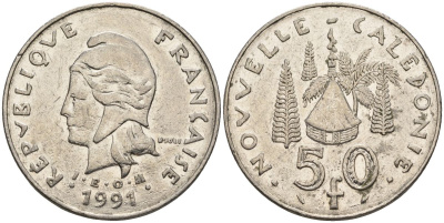 Французская Новая Каледония 50 франков 1991 хижина среди сосен и пальм, (IEOM) KM 13, Schoen 15, Lec 121 никель 4120-934
