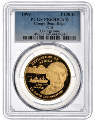 ДР Конго 100 франков 1999 Давид Ливингстон, в слабе PCGS PR 69 DCAM, Probe, пробник KM  позолота  PROOF  15-007-18