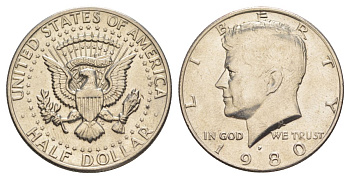 США 1/2 доллара (50 центов) 1980 P, Джон Кеннеди KM A202b медь плакированная медно-никелем aUNC 4517-443