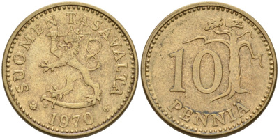 ФИНЛЯНДИЯ 10 ПЕННИ 1970 S KM 46 алюминиевая бронза 192-1034