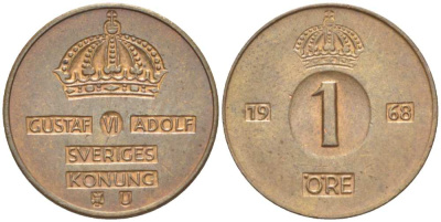 Швеция 1 эре 1968 U, Густав VI Адольф (1950-1973) KM 820 бронза 4516-429