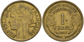 Франция 1 франк 1937 KM 885 алюминиевая бронза 4135-353