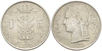 БЕЛЬГИЯ 1 ФРАНК 1951 BELGIQUE, БОДУЭН I (1951-1993) KM 142.1 медно-никель 213-454