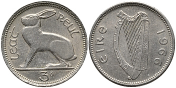 Ирландия 3 пенса 1966 заяц KM 12а медно-никель 4387-1045