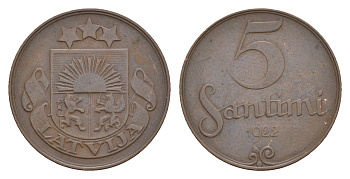 Латвия 5 сантимов 1922 KM 3 бронза 4658-1211