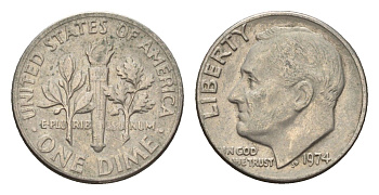 США 10 центов (дайм) 1974 Рузвельт KM 195a медь плакированная медно-никелем 4674-544