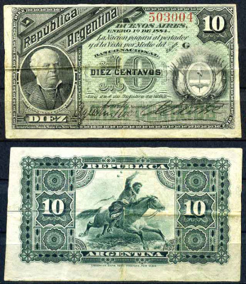 Аргентина 10 сентаво 1883 (1884) серия G, Доминго Фаустино Сармьенто Pick 6 бумага 451-470-3-1