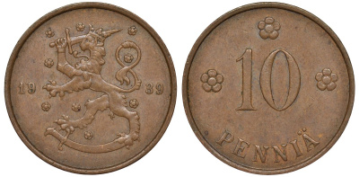 Финляндия 10 пенни 1939 KM 24 медь 51-3124