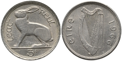 Ирландия 3 пенса 1966 заяц KM 12а медно-никель 4387-1045