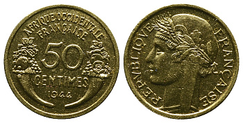 Французская Западная Африка 50 сантимов 1944 редкая KM 1, Lec 1 алюминиевая бронза aUNC 4381-938