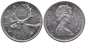 Канада 25 центов 1977 Елизавета II (1952-2022), олень карибу KM 62b никель 4364-2023