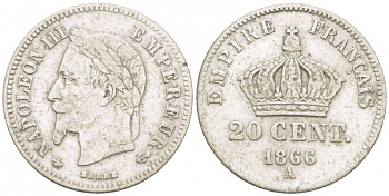 ФРАНЦИЯ 20 САНТИМОВ 1866 А KM 805.1 серебро 1515-331