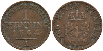 Пруссия 1 пфенниг 1864 А, Вильгельм I (1861-1888) KM 480 медь 4532-437
