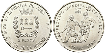 Куба 5 песо 1988 Чемпионат мира по футболу 1990, Италия KM 216 серебро UNC 38-621