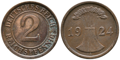 ГЕРМАНИЯ 2 РЕЙХСПФЕННИГА 1924 A KM 38, J. 314 бронза 24-713
