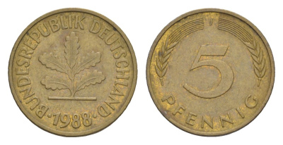 ФРГ 5 пфеннигов 1988 J KM 107, J. 382 сталь плакированная латунью 4630-1248