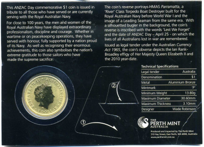 Австралия 1 доллар 2010 корабли, ВМФ, блистер алюминиевая бронза UNC 00-00