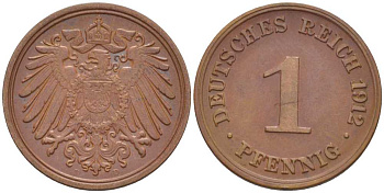 ГЕРМАНИЯ 1 ПФЕННИГ 1912 D KM 10, J. 10, Weege 2 медь 211-457