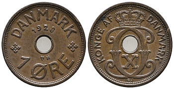 ДАНИЯ 1 ЭРЕ 1928 N; GJ, КРИСТИАН X (1912-1947) KM 826.2 бронза 66-155
