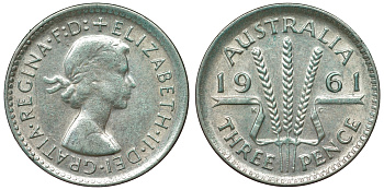 Австралия 3 пенса 1961 m, Елизавета II (1952-2022) KM 57 серебро 71-725