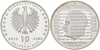 ФРГ 10 евро 2010 G, 100 лет со дня рождения Конрада Цузе KM 289, DE.S. 10.46 серебро PROOF 1076-4-33