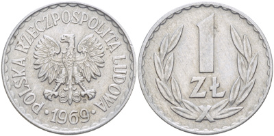 ПОЛЬША 1 ЗЛОТЫЙ 1969 MW KM 49.1, Parchimowicz 213f алюминий XF 216-816