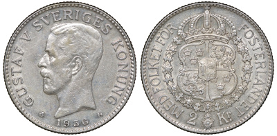 Швеция 2 кроны 1936 G, Густав V (1907-1950) KM 787 серебро 4178-1331