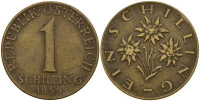 Австрия 1 шиллинг 1959 KM 2886 алюминиевая бронза 4142-1032