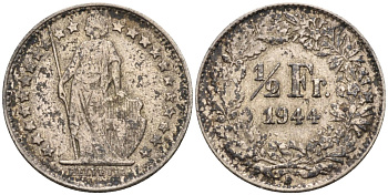 Швейцария 1/2 франка 1944 В KM 23 серебро 4116-1044