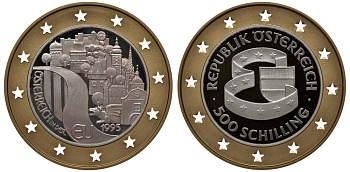 Австрия 500 шиллингов 1995 вступление Австрии в Евросоюз KM 3023 золото, серебро PROOF 00-000-00