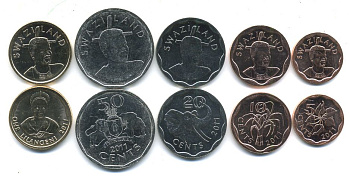 Свазиленд лот из 5 монет 2011 5, 10, 20, 50 центов, 1 лилангени UNC M77-04