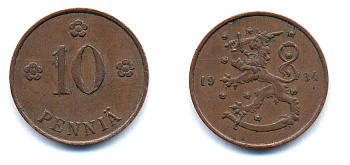 Финляндия 10 пенни 1934 республика (1918-1962) KM 24 медь 51-5426
