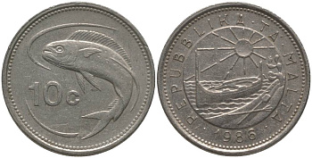 Мальта 10 центов 1986 золотая макрель KM 76 медно-никель 181-156
