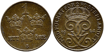 Швеция 1 эре 1924 Густав V (1907-1950) KM 777.2 бронза 4396-164