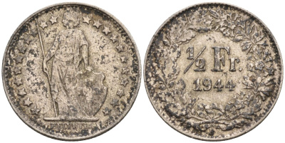 Швейцария 1/2 франка 1944 В KM 23 серебро 4116-1044