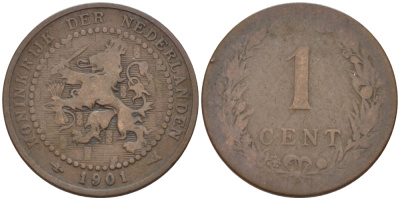 НИДЕРЛАНДЫ 1 ЦЕНТ 1901 ВИЛЬГЕЛЬМИНА (1890-1948), 15 ЩИТОВ KM 130 бронза 100-463