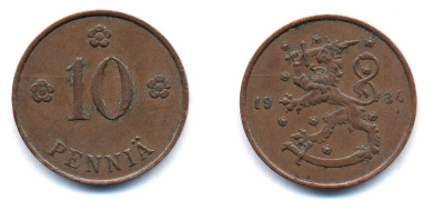 Финляндия 10 пенни 1934 республика (1918-1962) KM 24 медь 51-5426