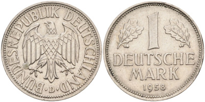 ФРГ 1 марка 1958 D KM 110, J. 385 медно-никель 4592-931