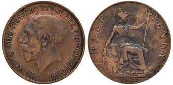 Великобритания 1/2 пенни 1921 Георг V (1910-1936) KM 809, Spink 4056 бронза 4128-847