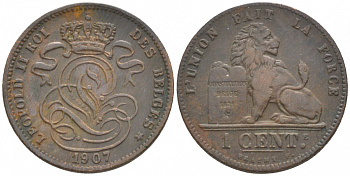 БЕЛЬГИЯ 1 САНТИМ 1907 BELGES KM 33.1 медь 44-944