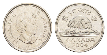 Канада 5 центов 2004 Елизавета II (1952-2022), бобр KM 491 сталь плакированная никелем aUNC 4647-1022