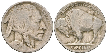 США 5 центов 1924 индеец, бизон KM 134 медно-никель 4614-1053