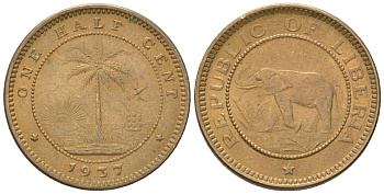 Либерия 1/2 цента 1937 KM 10 латунь aUNC 4588-257