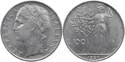 Италия 100 лир 1967 R, Афина в доспехах KM 96.1 нержавеющая сталь 4165-213